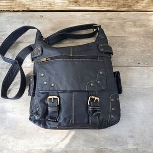 Vintage 100% Black Leather Shoulder Bag Crossbody Bag Purse Adjustable Strap